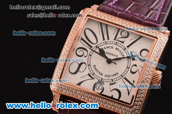 Franck Muller Master Square Swiss Quartz Rose Gold Case with Diamond bezel and Purple Leather Strap - Click Image to Close